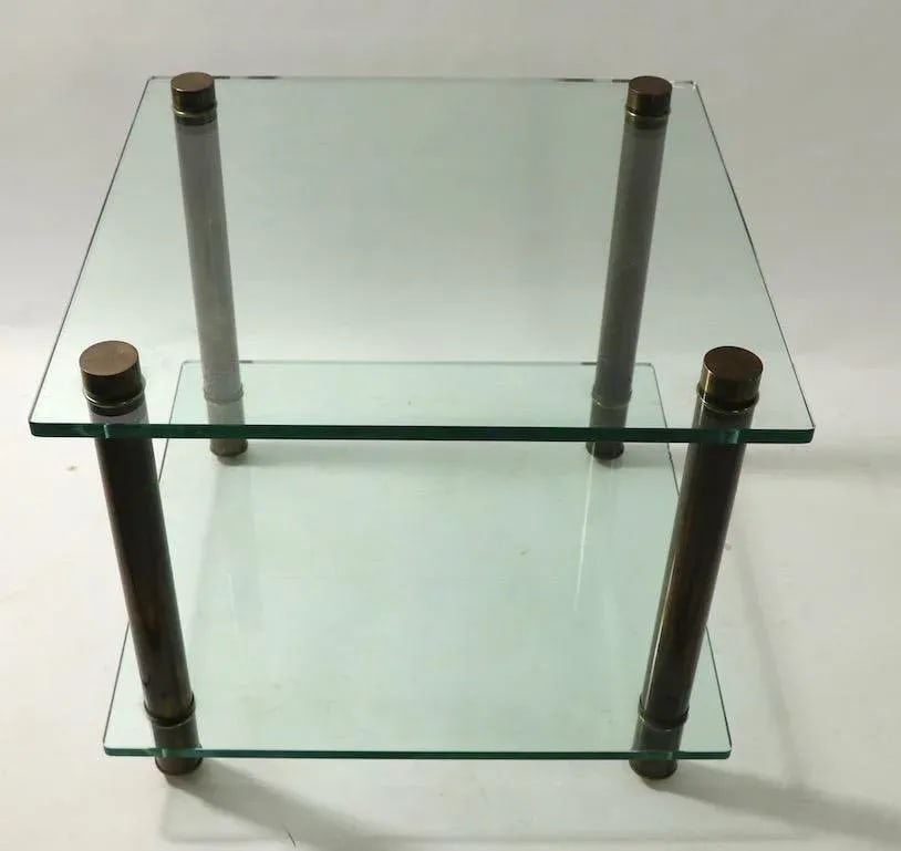 1960s Square Two Tier Glass and Brass End Table - 3