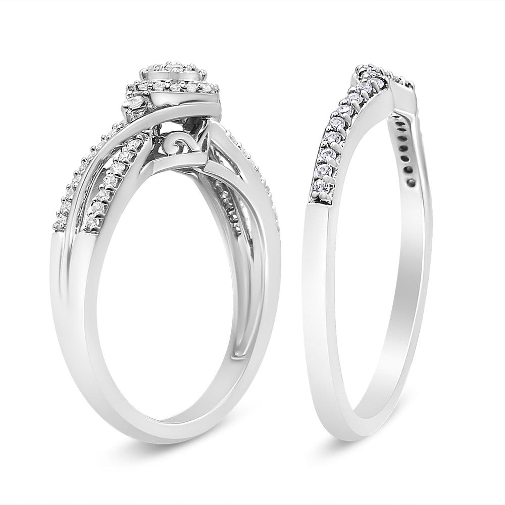 .925 Sterling Silver 1/3 Cttw Composite Diamond Frame Bypass Bridal Set Ring and Band (I-J Color, I2 - 3