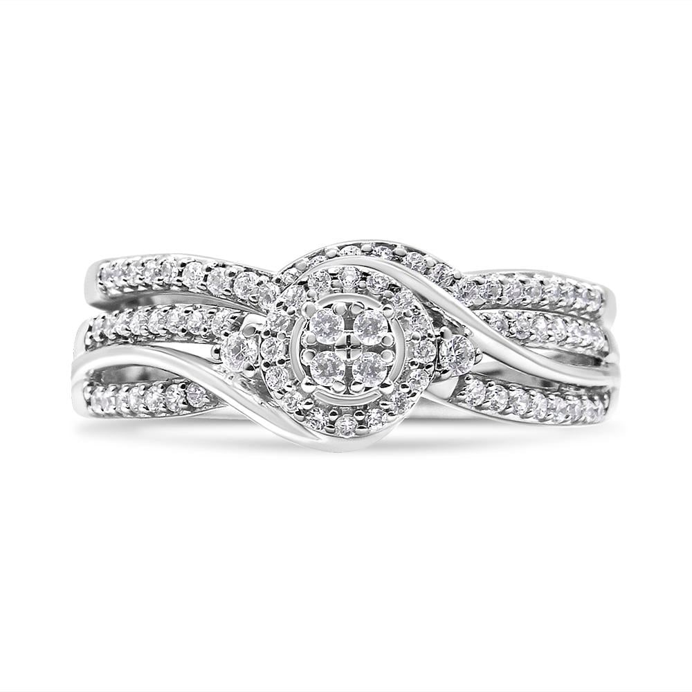 .925 Sterling Silver 1/3 Cttw Composite Diamond Frame Bypass Bridal Set Ring and Band (I-J Color, I2 - 4