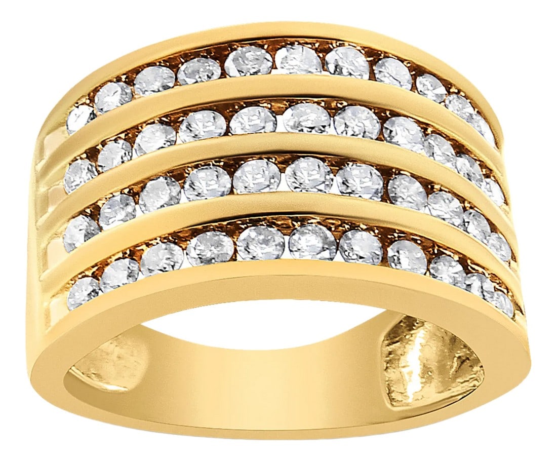 10K Yellow Gold Plated .925 Sterling Silver 1 1/2 Cttw Diamond 4 Row Channel Band Ring (Champagne Co: A perfect addition to your everlasting jewelry collection, this 4 row band is crafted in genuine .925 sterling silver and plated with 10k yellow gold, a metal that will stay tarnish free for years to