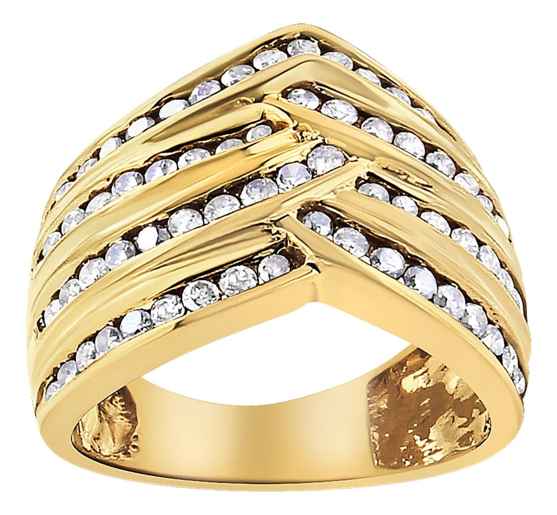 10K Yellow Gold Plated .925 Sterling Silver 1 1/2 Cttw Diamond Channel Band (Champagne Color, I2-I3: Treat yourself to this modern and charming channel set diamond band and elevate all your looks! This beautiful ring is created in genuine .925 sterling silver and plated with 10k yellow gold, a metal