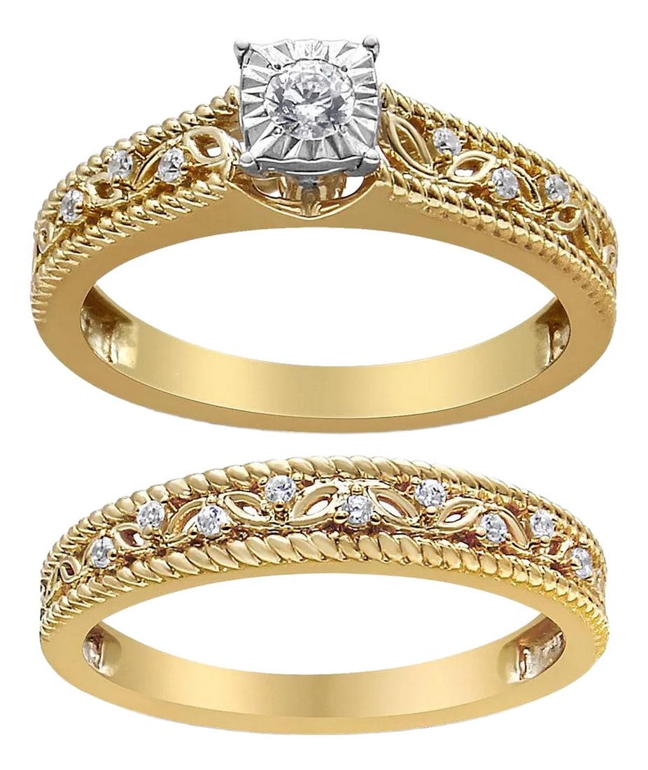 14K Yellow Gold Plated .925 Sterling Silver 1/5 Cttw Diamond Art Deco Style Engagement Ring Bridal S: Striking and everlasting, this gorgeous engagement ring bridal set is beautifully crafted in a meticulous gold design set with natural diamonds! This ring set is intricately designed in genuine .925 s
