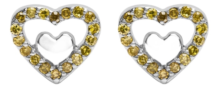 925 Sterling Silver 1/6 Cttw Yellow Diamond Open Double Heart Stud Earrings (Treated Yellow Color, I