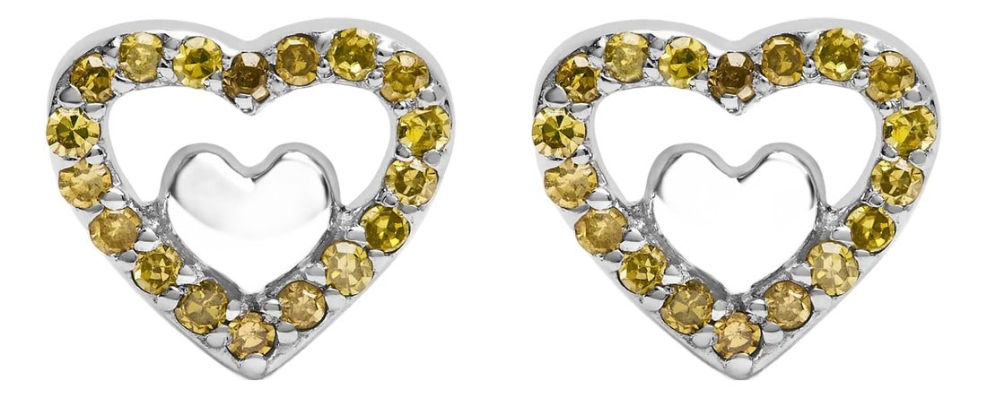925 Sterling Silver 1/6 Cttw Yellow Diamond Open Double Heart Stud Earrings (Treated Yellow Color, I: Indulge in the radiant charm of these 925 Sterling Silver Open Double Heart Stud Earrings. Crafted with utmost precision, these earrings feature a stunning array of 36 round yellow diamonds, totaling