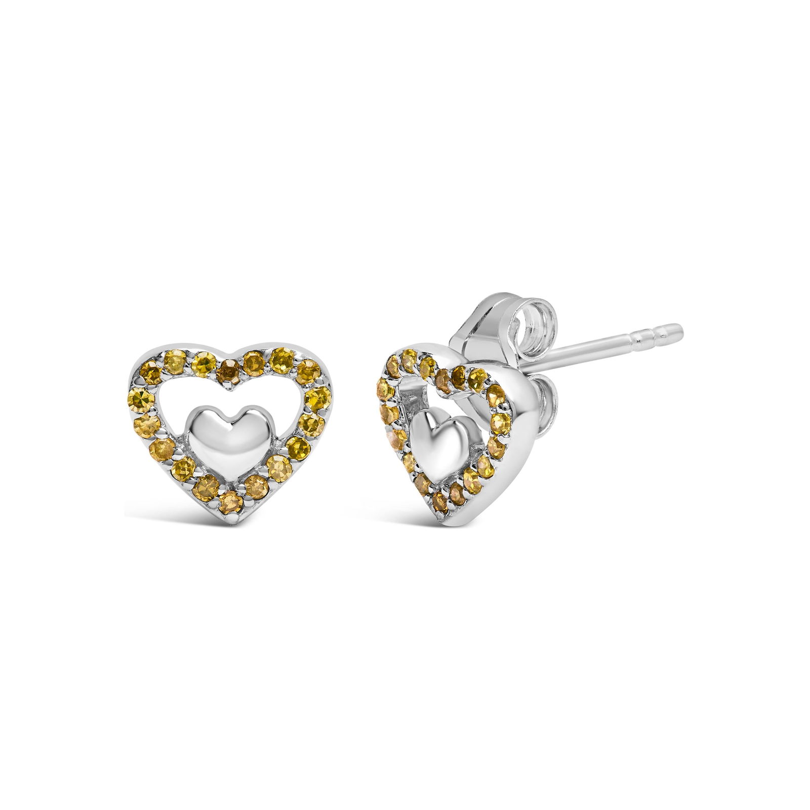 925 Sterling Silver 1/6 Cttw Yellow Diamond Open Double Heart Stud Earrings (Treated Yellow Color, I - 2