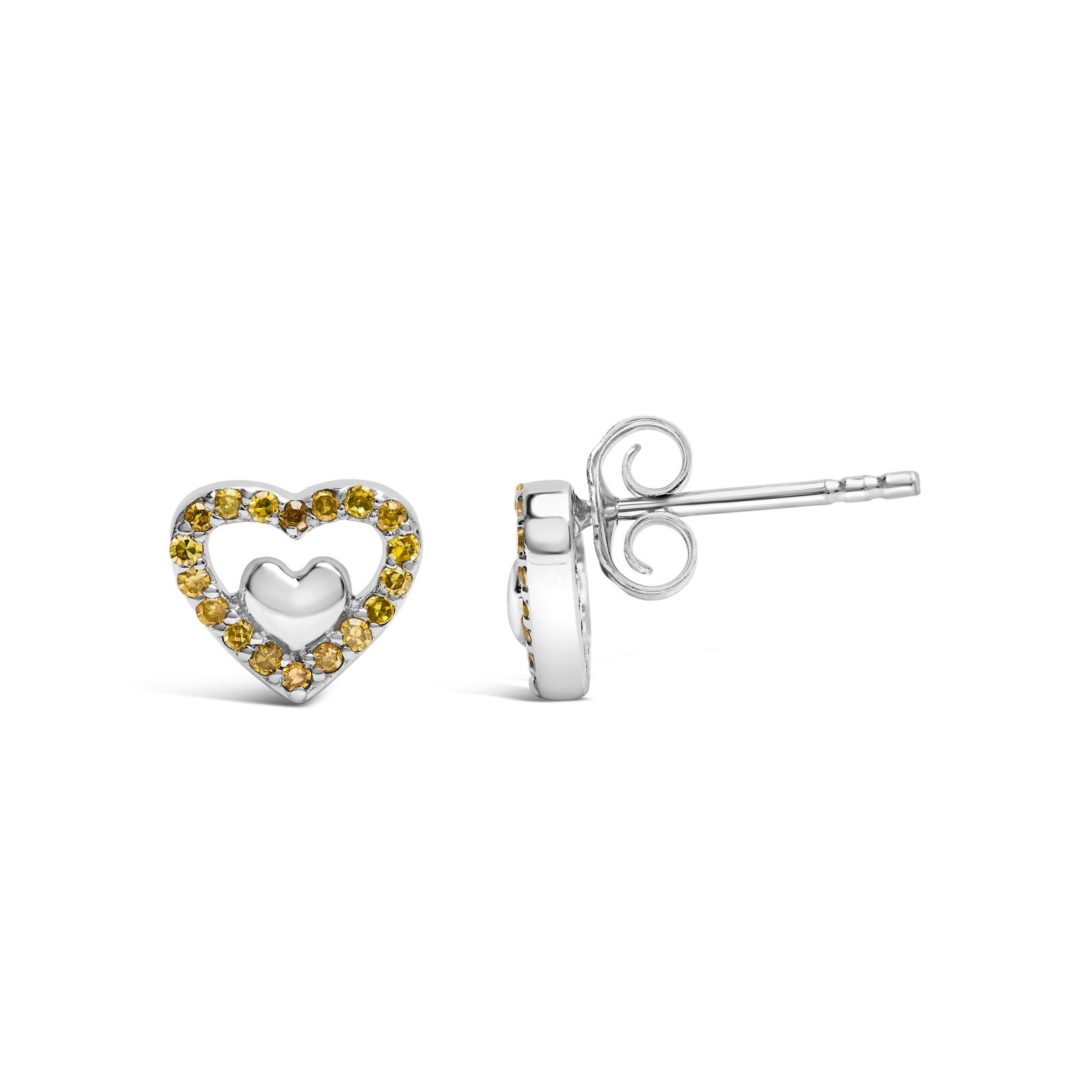 925 Sterling Silver 1/6 Cttw Yellow Diamond Open Double Heart Stud Earrings (Treated Yellow Color, I - 3