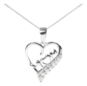 .925 Sterling Silver 1/4 Cttw Diamond "Mom" and Open Heart 18" Pendant Necklace (I-J Color, I2-I3 Cl
