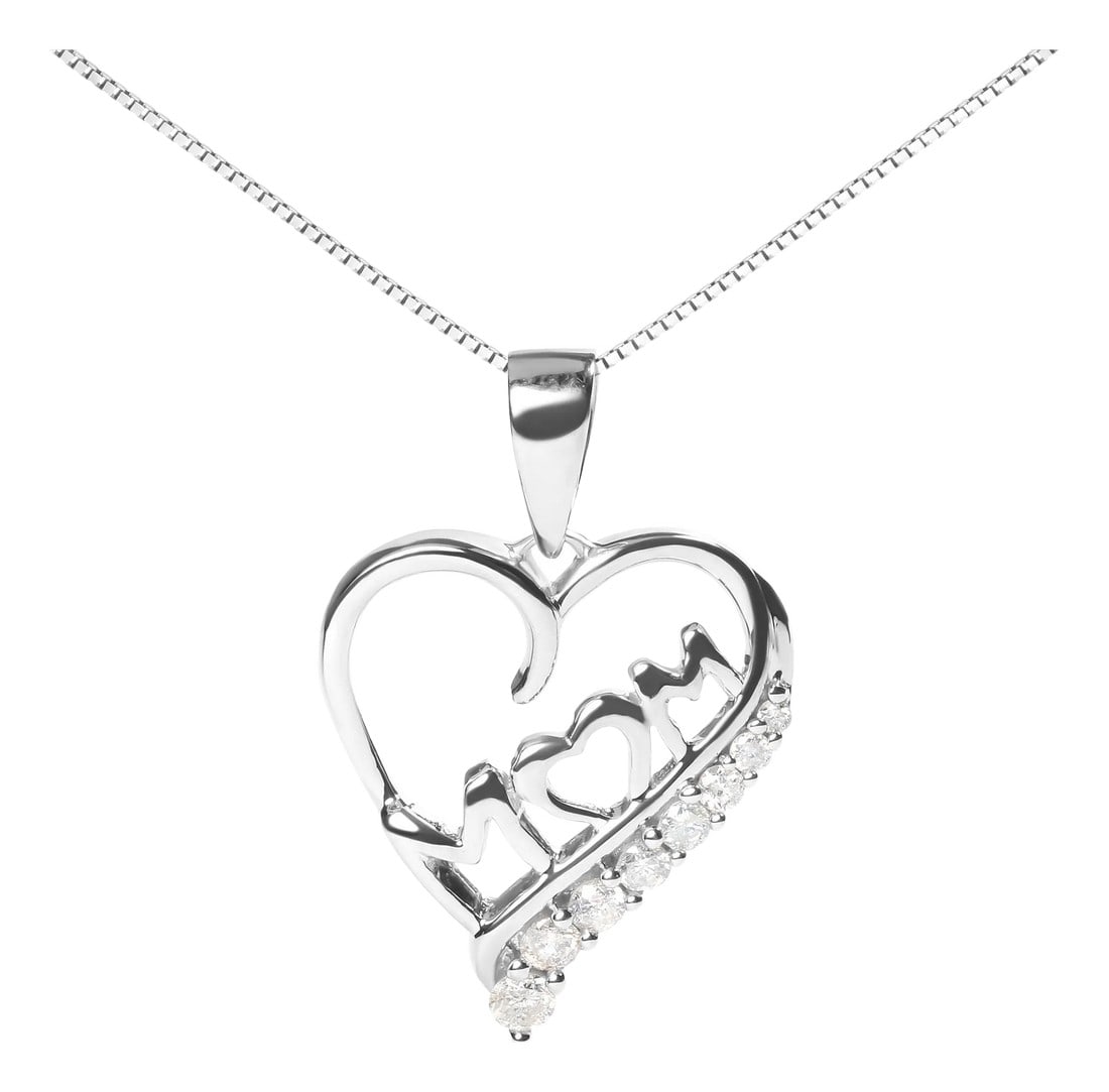 .925 Sterling Silver 1/4 Cttw Diamond "Mom" and Open Heart 18" Pendant Necklace (I-J Color, I2-I3 Cl: Celebrate the love and bond with your mother with this stunning pendant necklace. Expertly crafted with .925 sterling silver, this necklace features a beautiful open heart design that is delicately