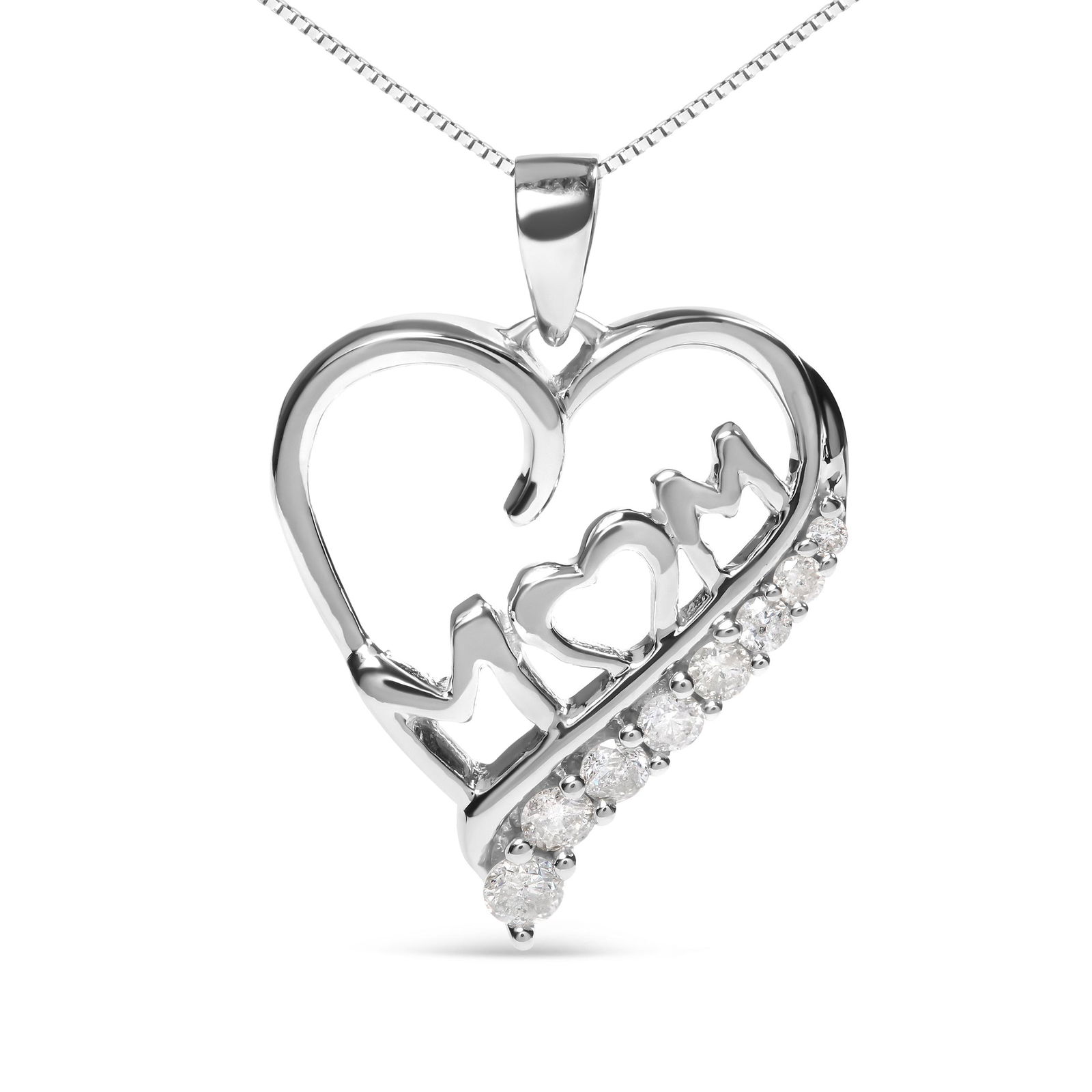 .925 Sterling Silver 1/4 Cttw Diamond "Mom" and Open Heart 18" Pendant Necklace (I-J Color, I2-I3 Cl - 2