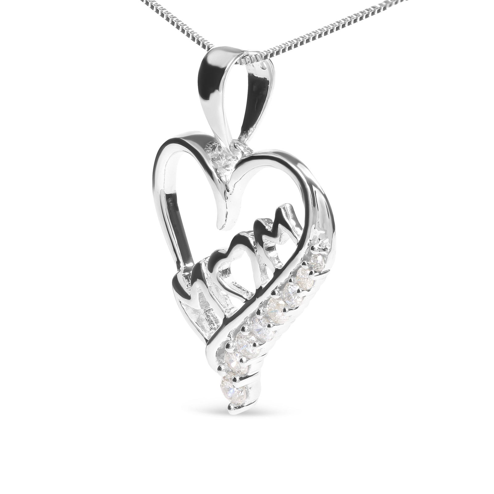 .925 Sterling Silver 1/4 Cttw Diamond "Mom" and Open Heart 18" Pendant Necklace (I-J Color, I2-I3 Cl - 3
