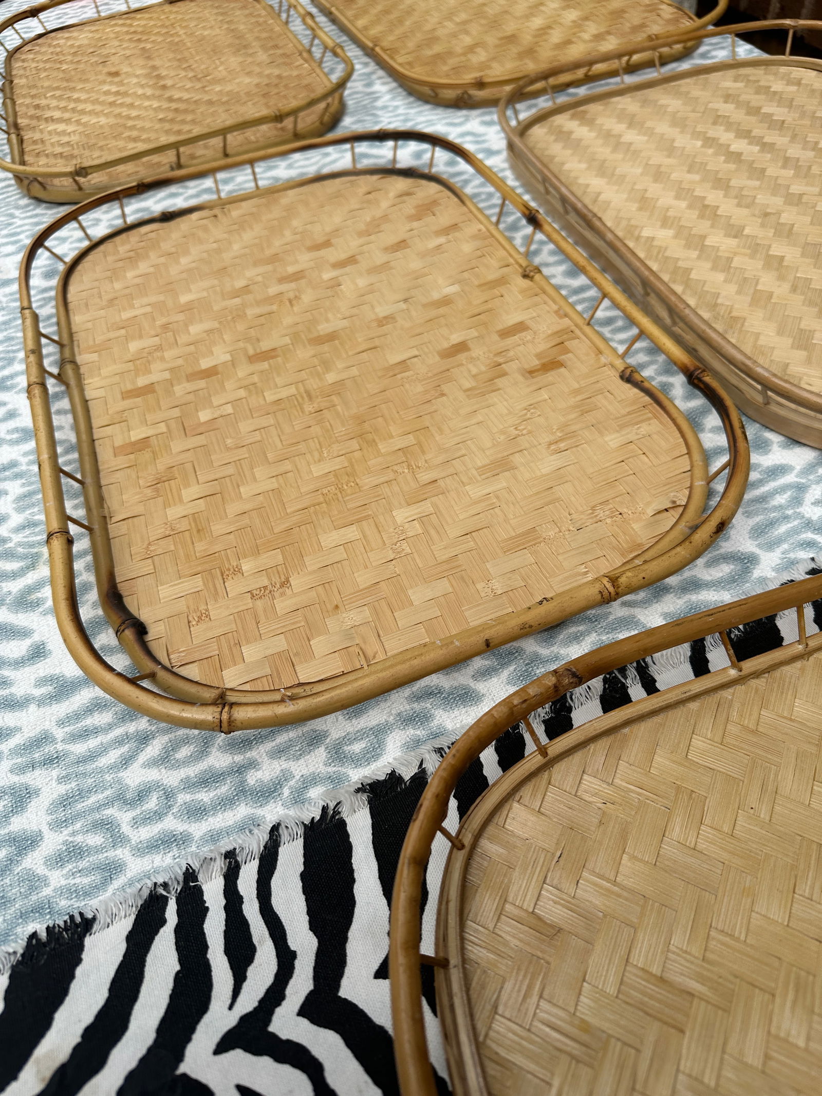 1970s Collection of Wicker Bamboo Trays- Set of 5 - 8