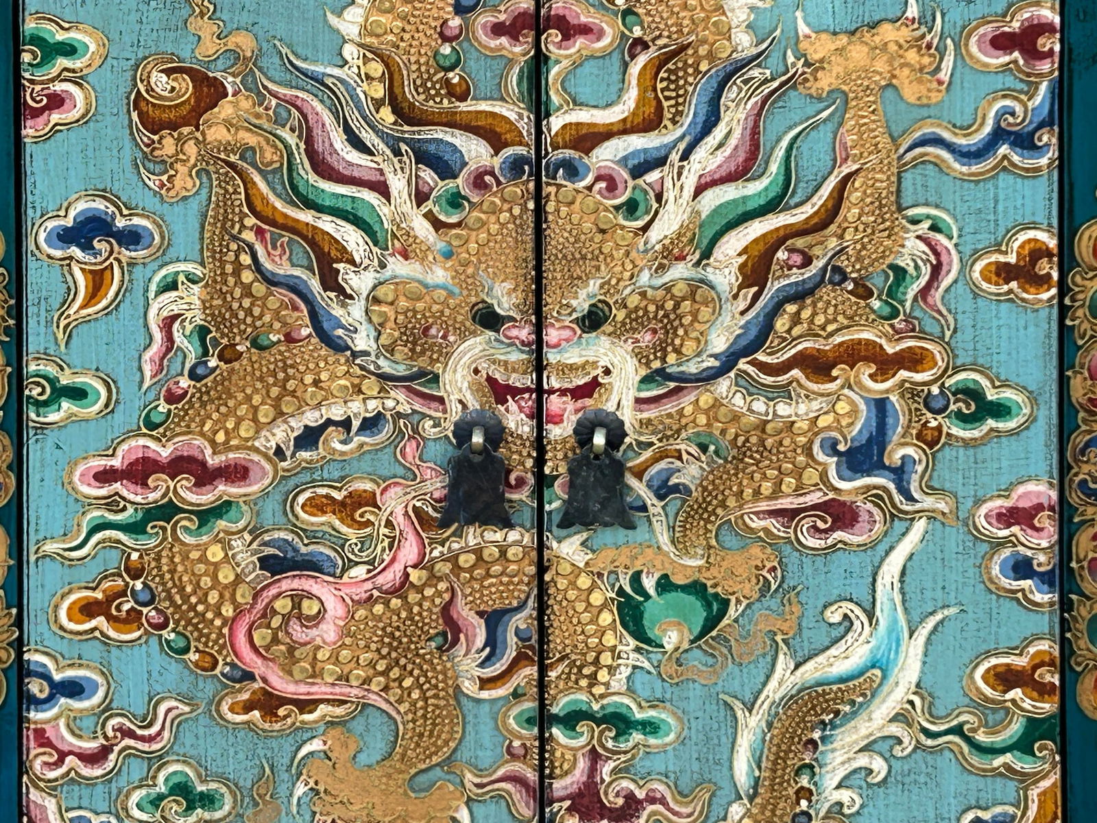 Tibetan Oriental Teal Blue Aqua Dragon Head Graphic End Table Nightstand - 10