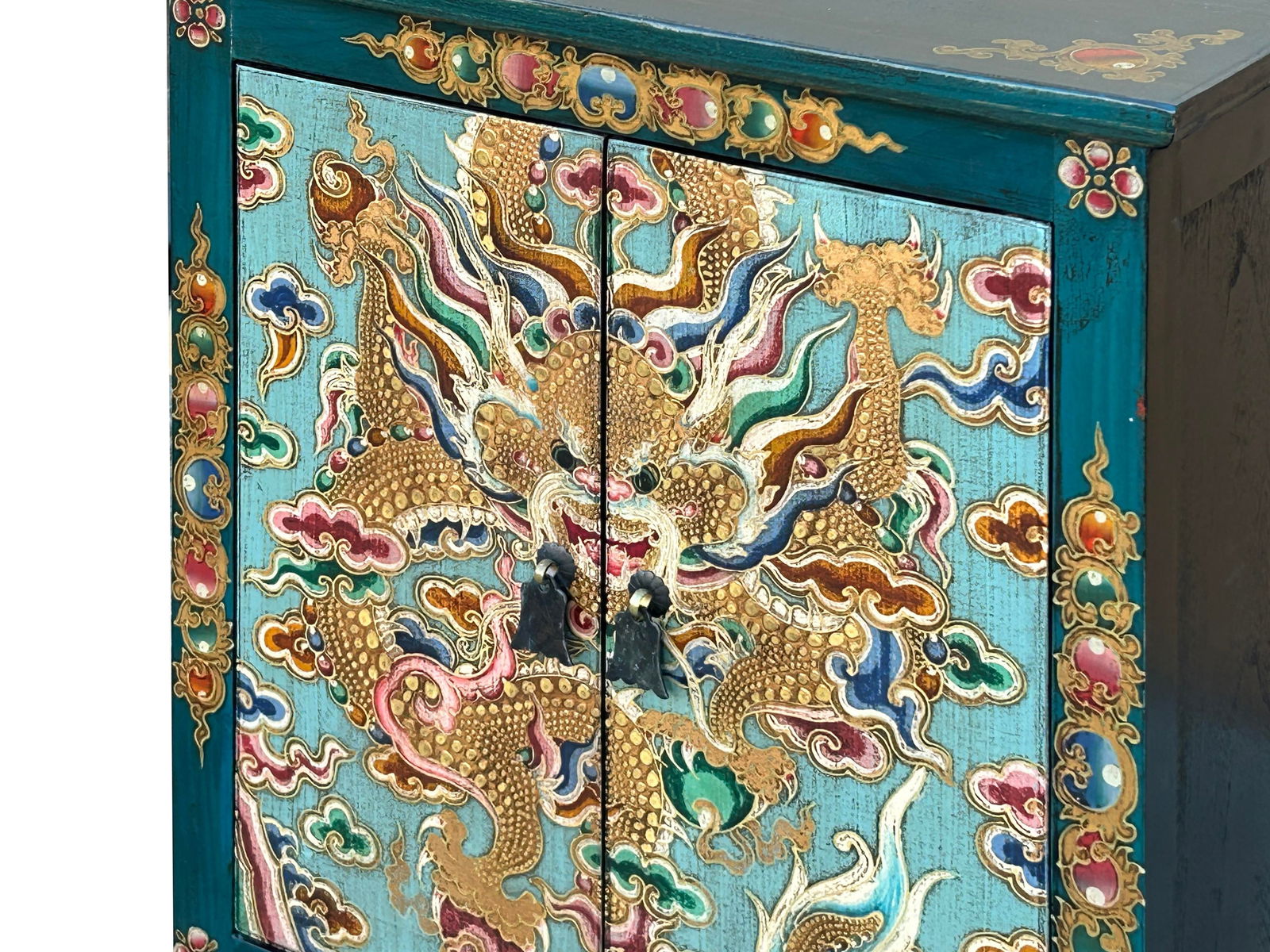 Tibetan Oriental Teal Blue Aqua Dragon Head Graphic End Table Nightstand - 11