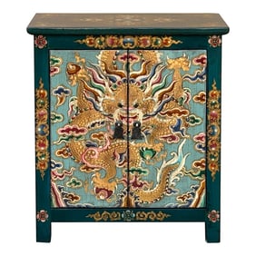 Tibetan Oriental Teal Blue Aqua Dragon Head Graphic End Table Nightstand