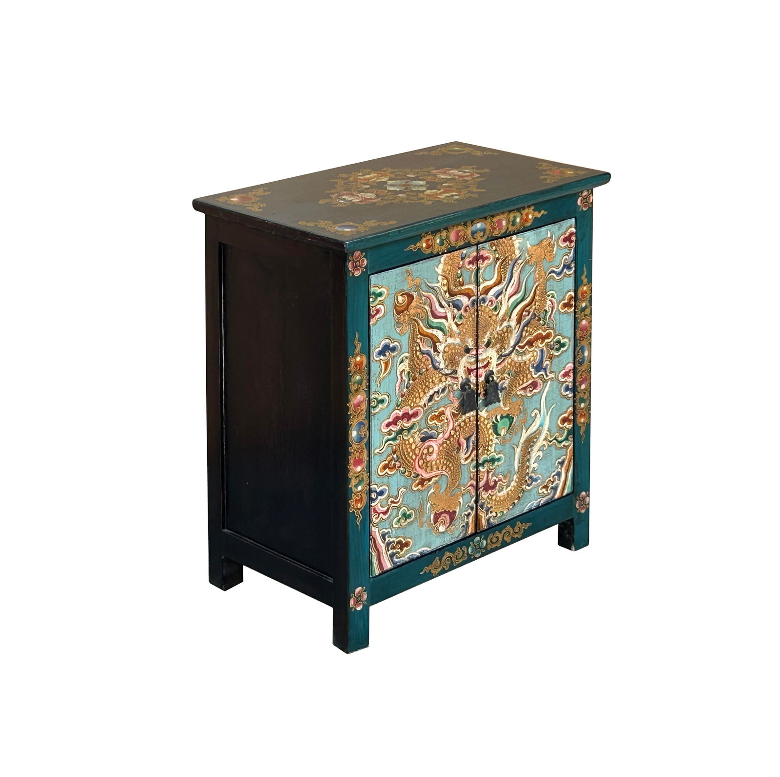 Tibetan Oriental Teal Blue Aqua Dragon Head Graphic End Table Nightstand - 3