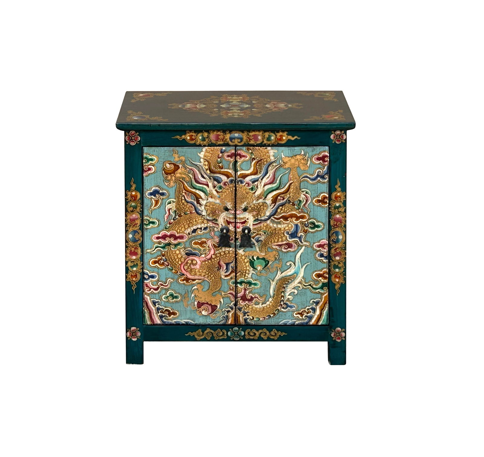 Tibetan Oriental Teal Blue Aqua Dragon Head Graphic End Table Nightstand - 4