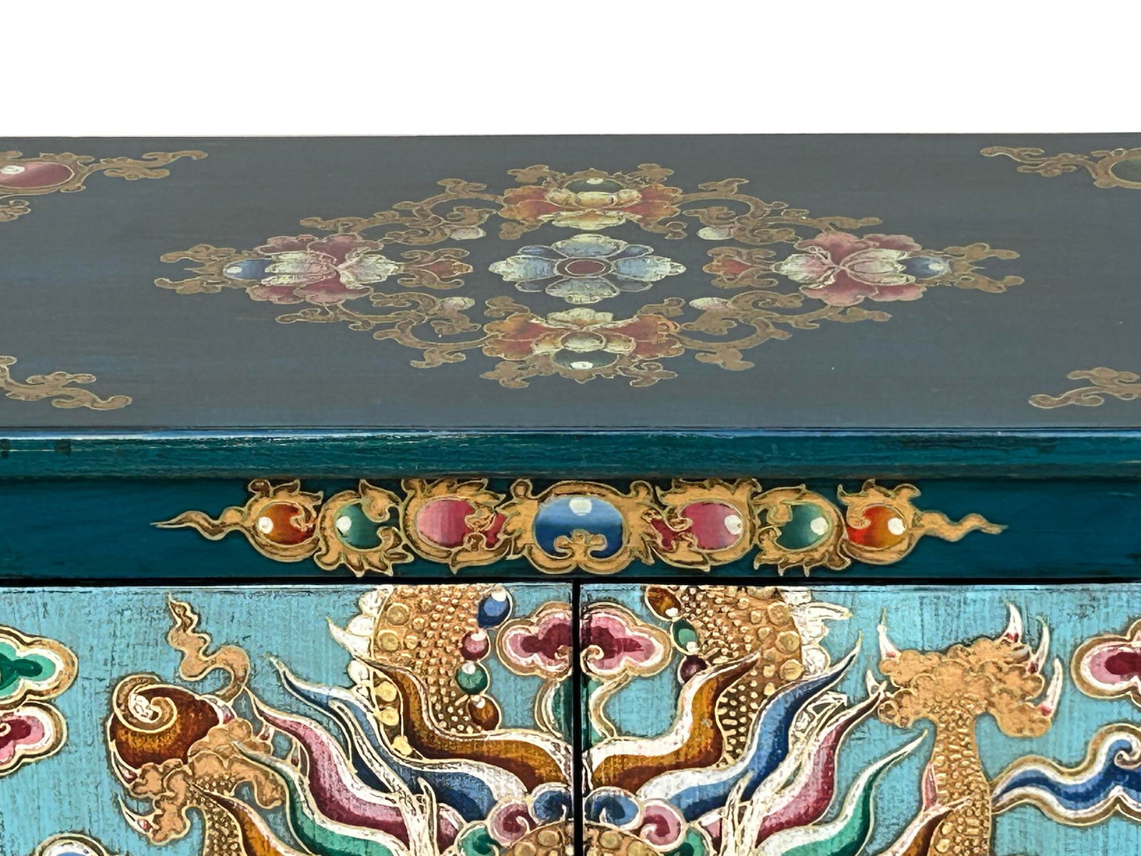Tibetan Oriental Teal Blue Aqua Dragon Head Graphic End Table Nightstand - 6