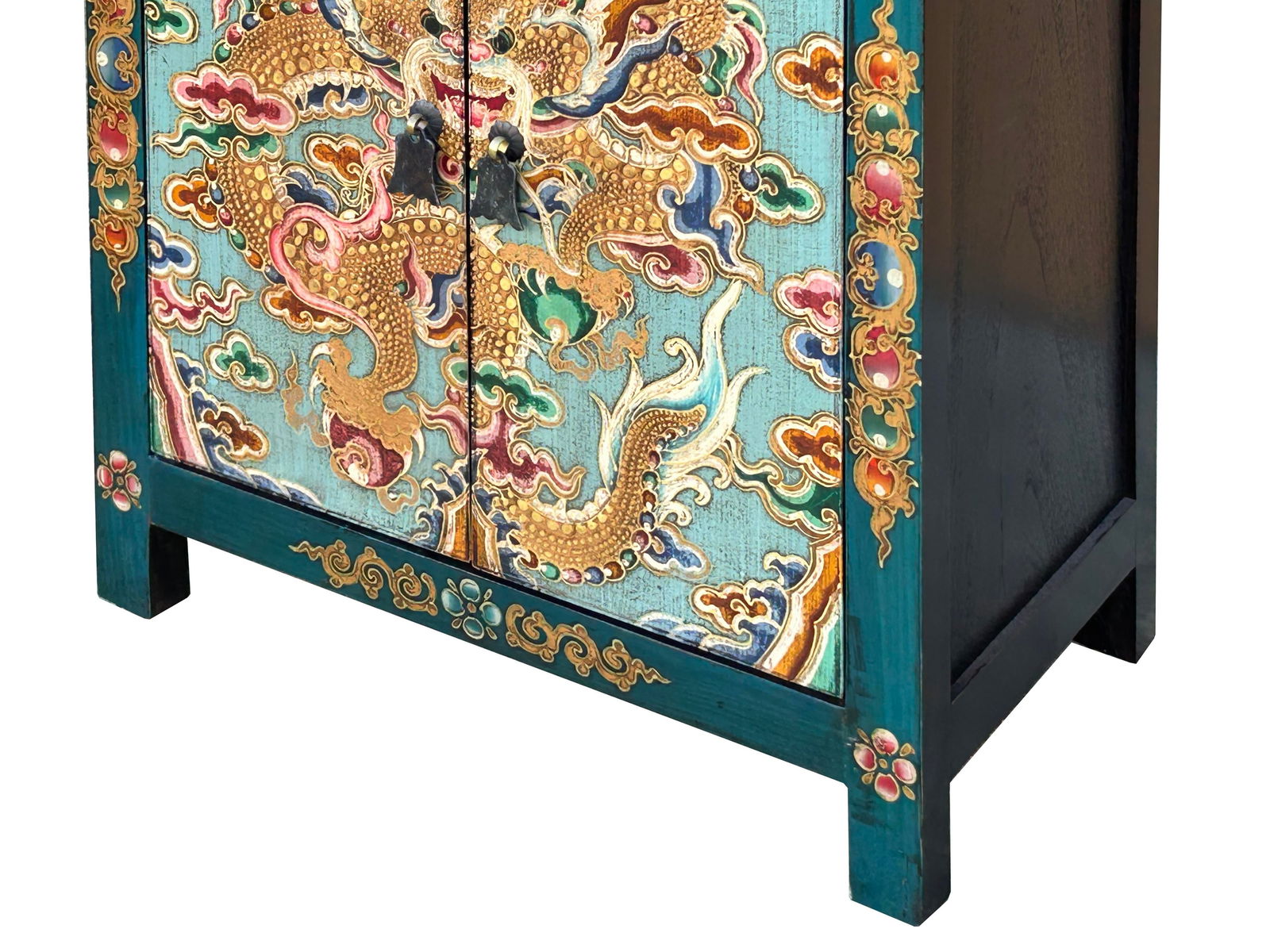 Tibetan Oriental Teal Blue Aqua Dragon Head Graphic End Table Nightstand - 7