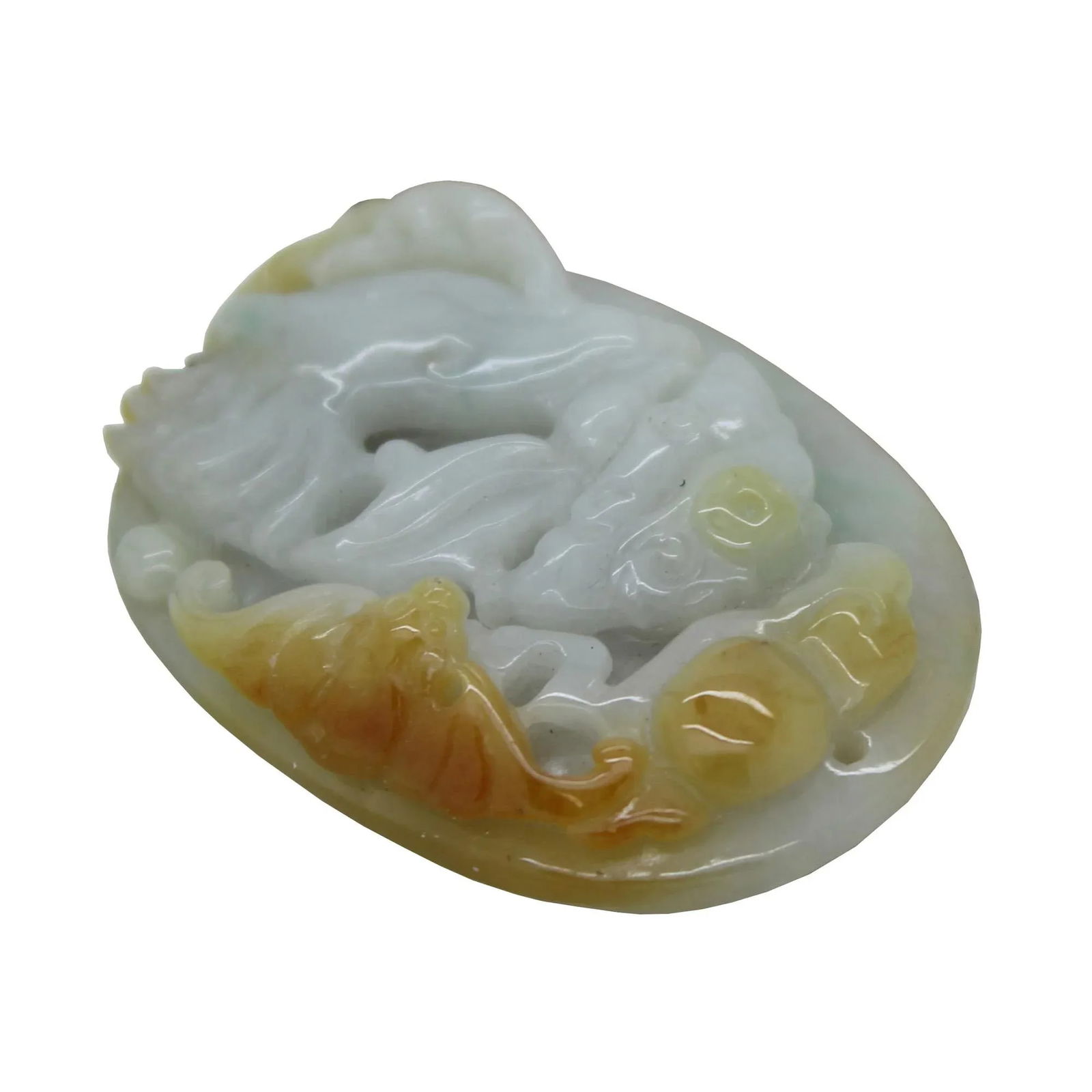 Natural Green Yellow Jade Pendant With Lucky Zodiac Rooster, Bat & Fortune Figure - 3