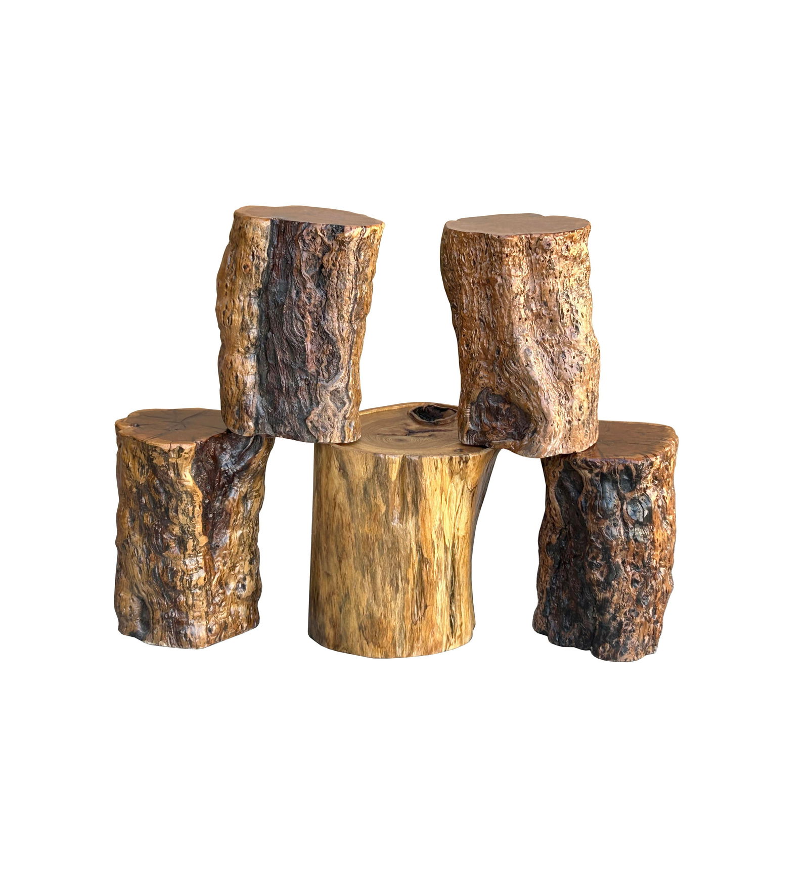 Set of 5 Raw Wood Rough Grain Finish Irregular Shape Short Stool Table - 10