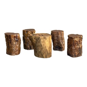 Set of 5 Raw Wood Rough Grain Finish Irregular Shape Short Stool Table
