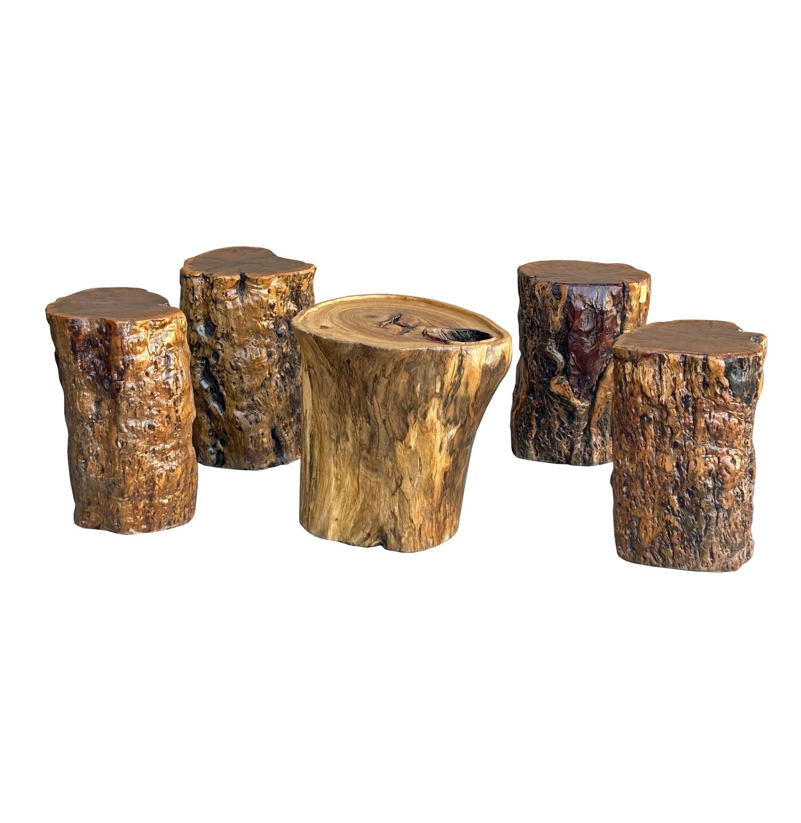 Set of 5 Raw Wood Rough Grain Finish Irregular Shape Short Stool Table - 2