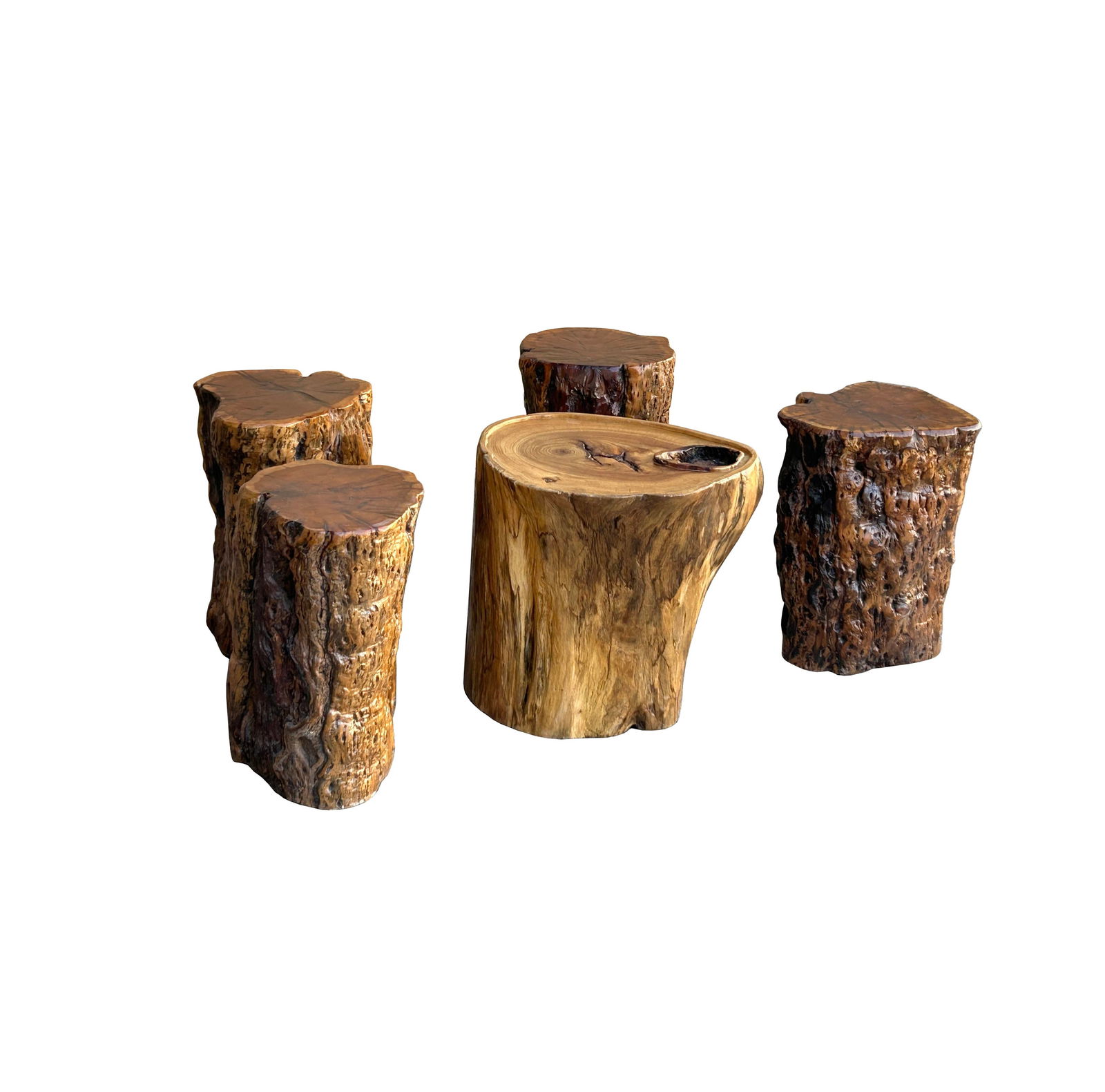 Set of 5 Raw Wood Rough Grain Finish Irregular Shape Short Stool Table - 3