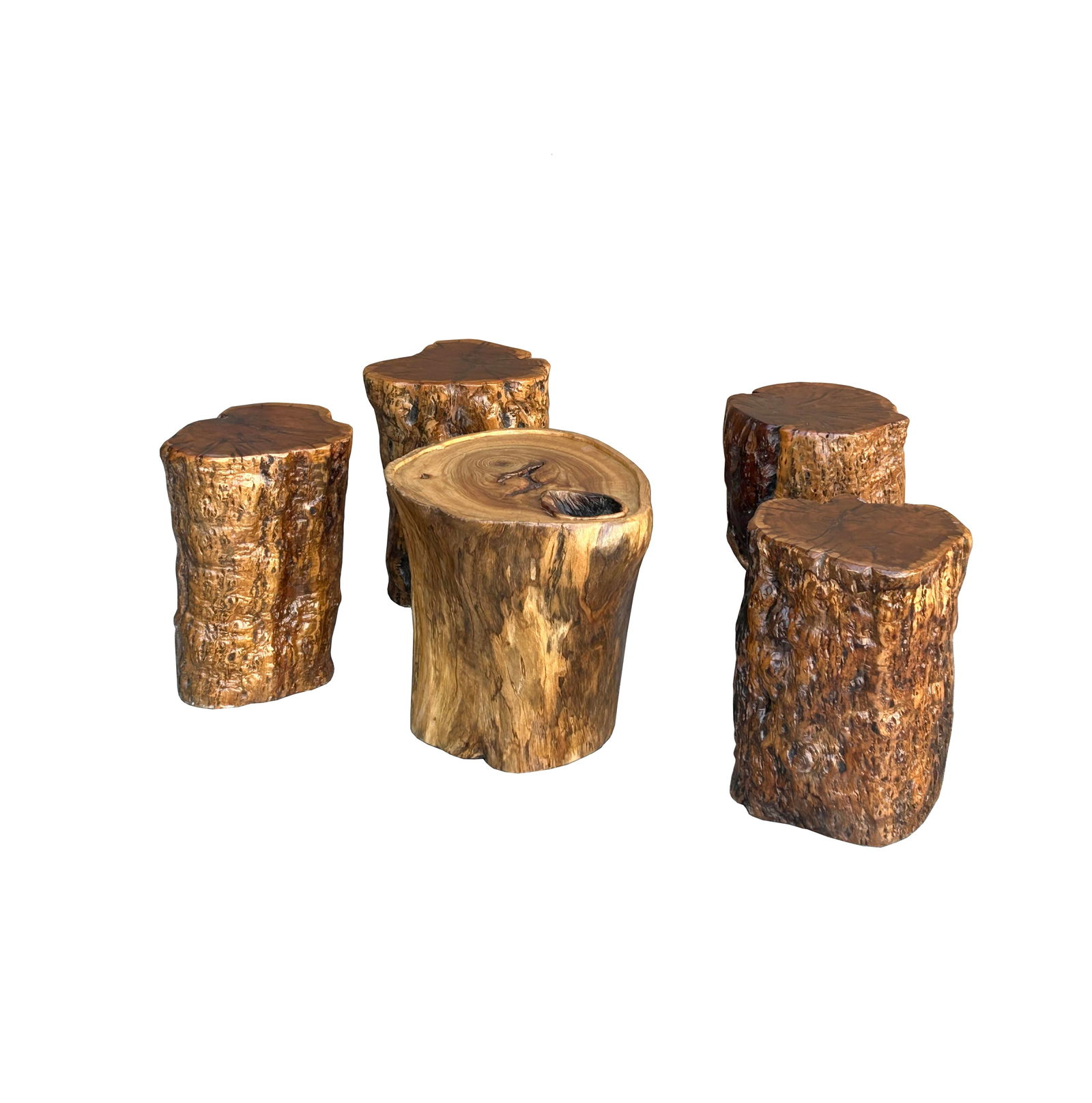 Set of 5 Raw Wood Rough Grain Finish Irregular Shape Short Stool Table - 4