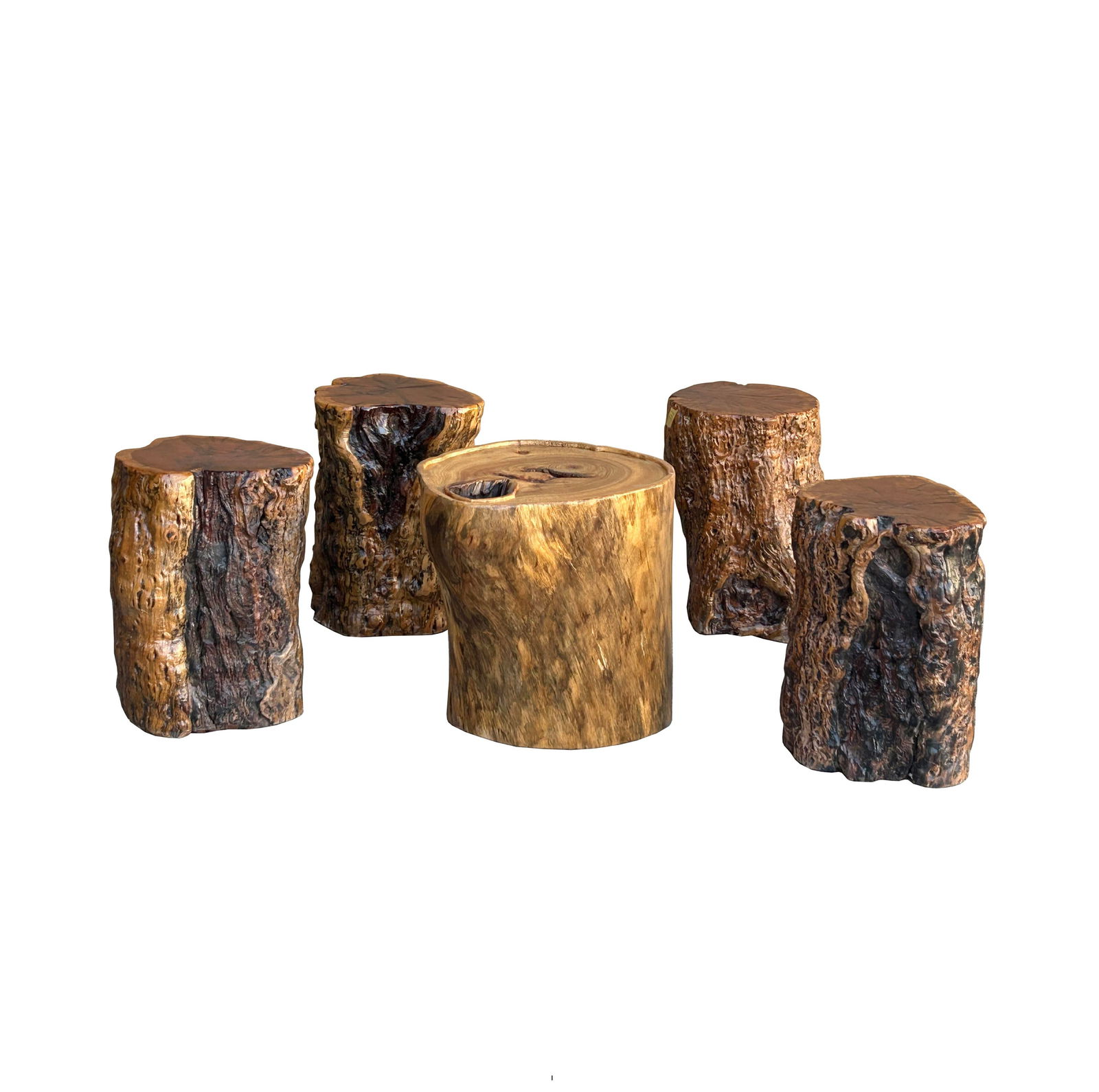 Set of 5 Raw Wood Rough Grain Finish Irregular Shape Short Stool Table - 5