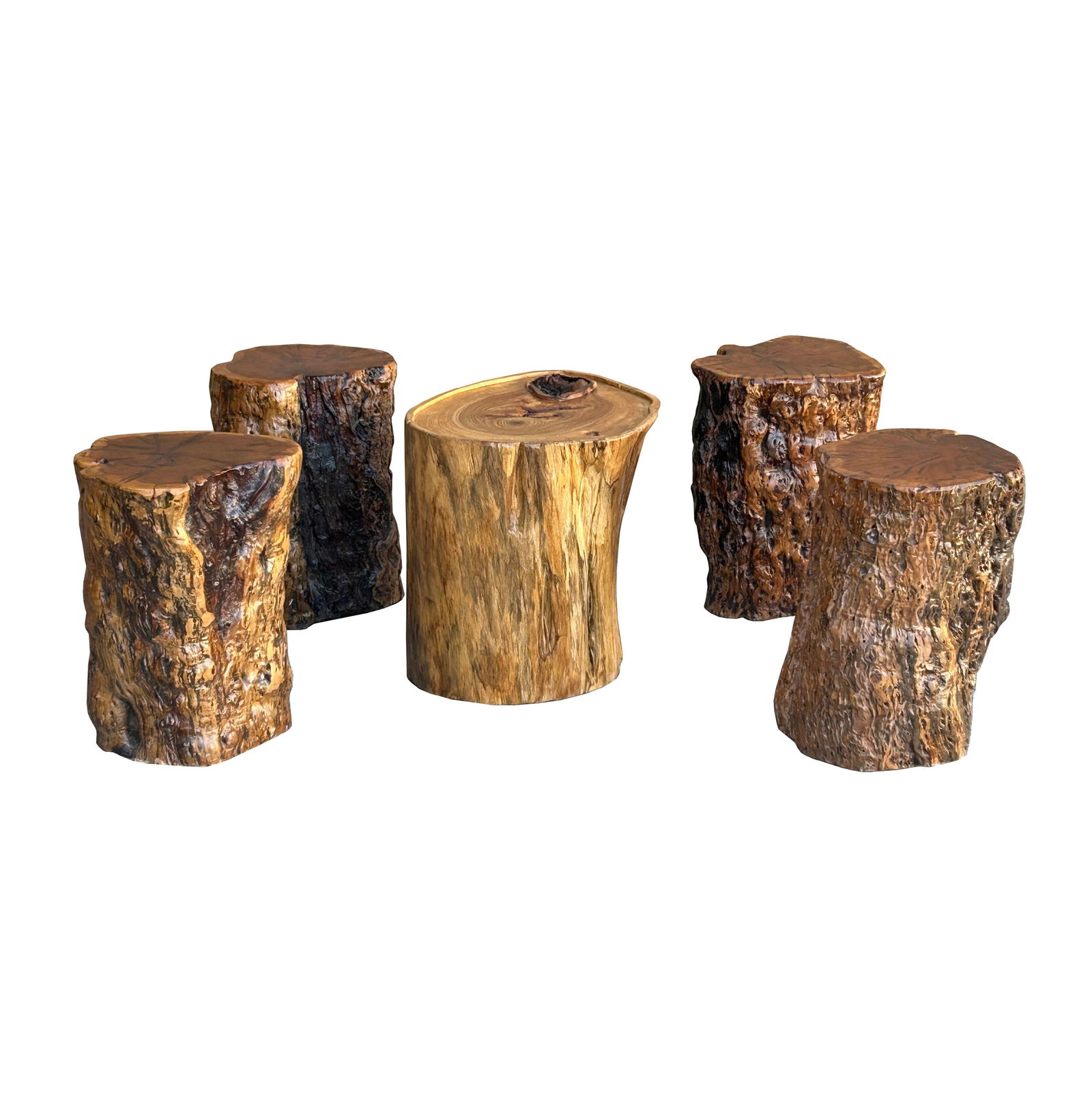 Set of 5 Raw Wood Rough Grain Finish Irregular Shape Short Stool Table - 6