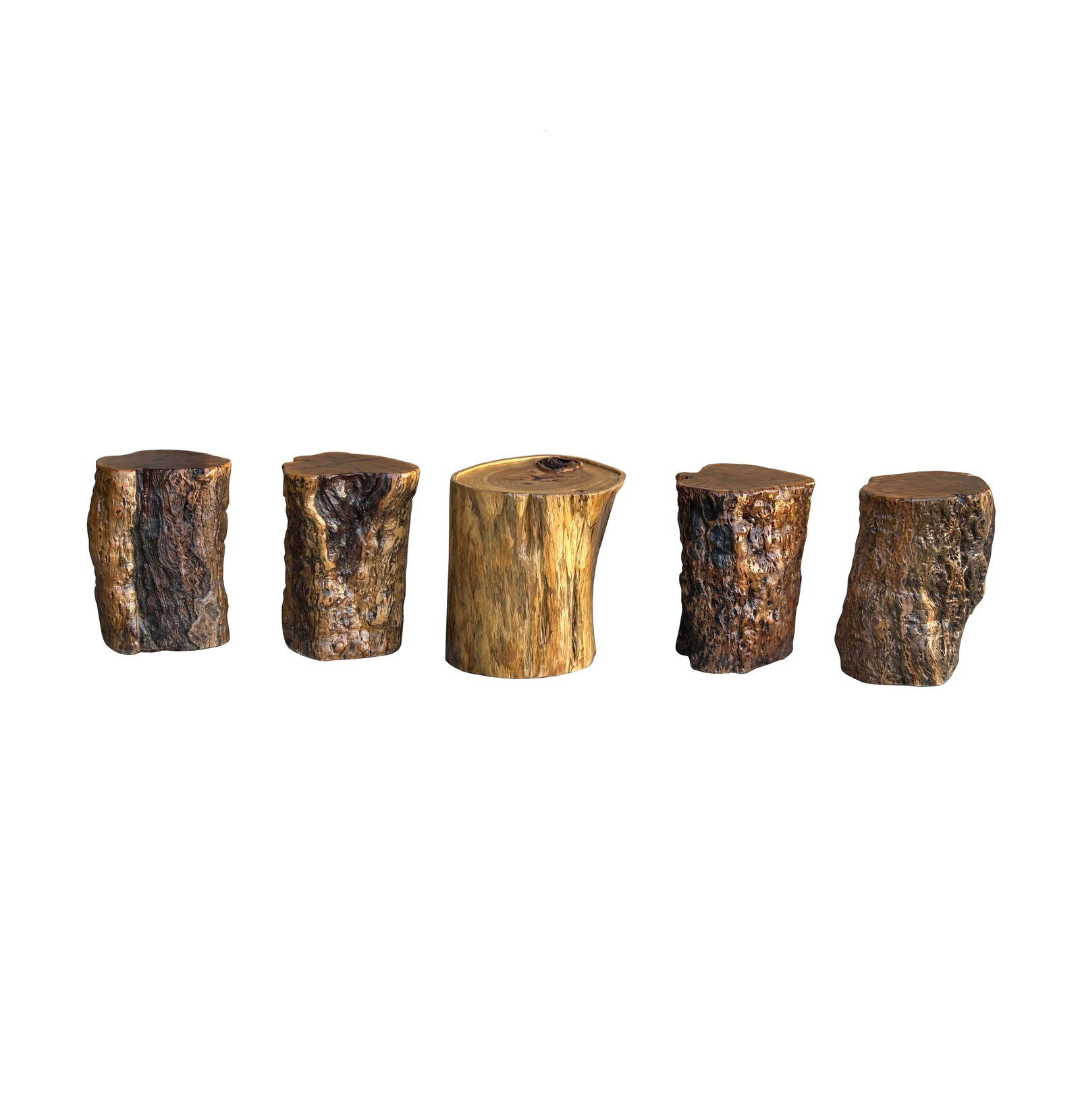 Set of 5 Raw Wood Rough Grain Finish Irregular Shape Short Stool Table - 8