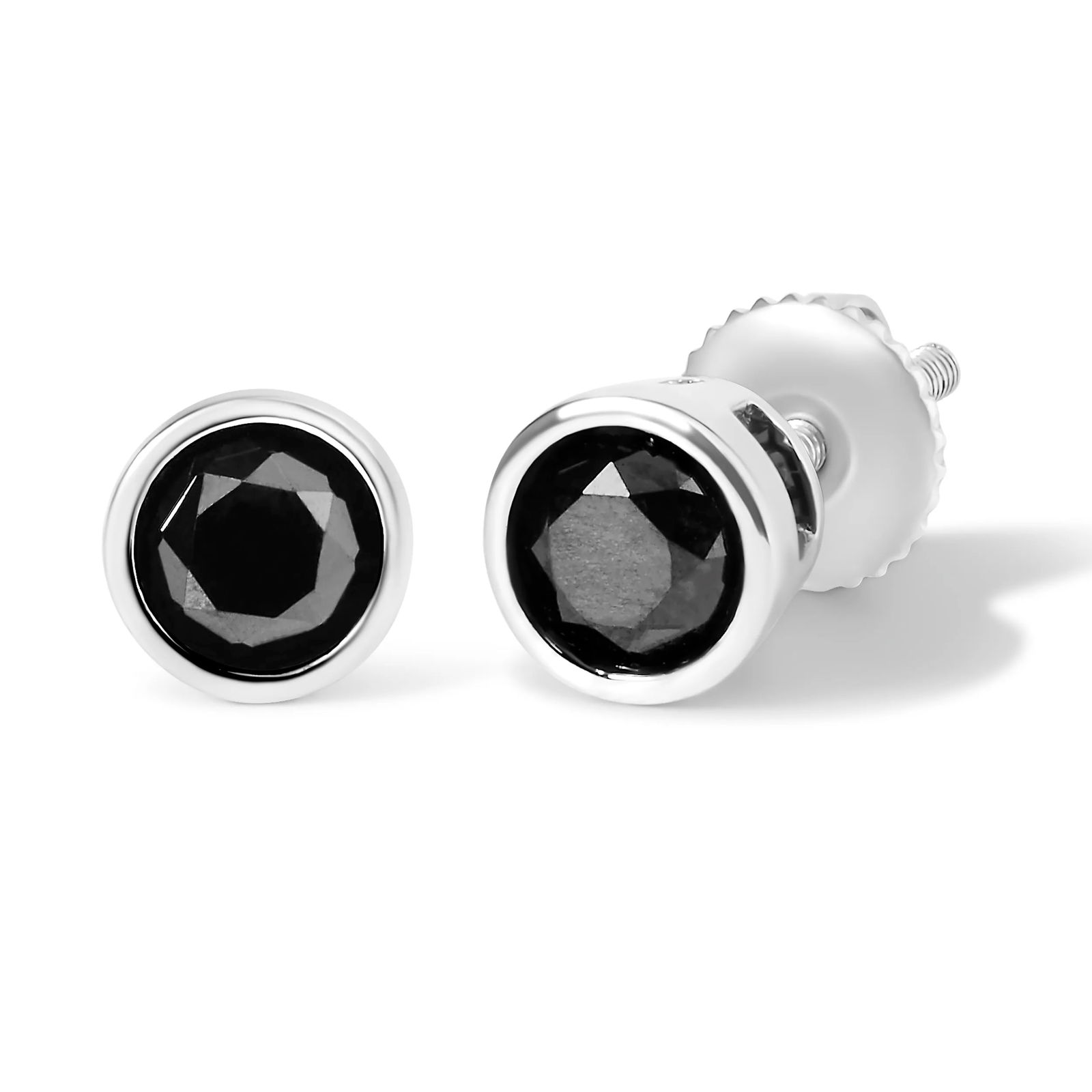 14K White Gold 1/2 Cttw Round Brilliant-Cut Black Diamond Bezel-Set Stud Earrings with Screw Backs - 2