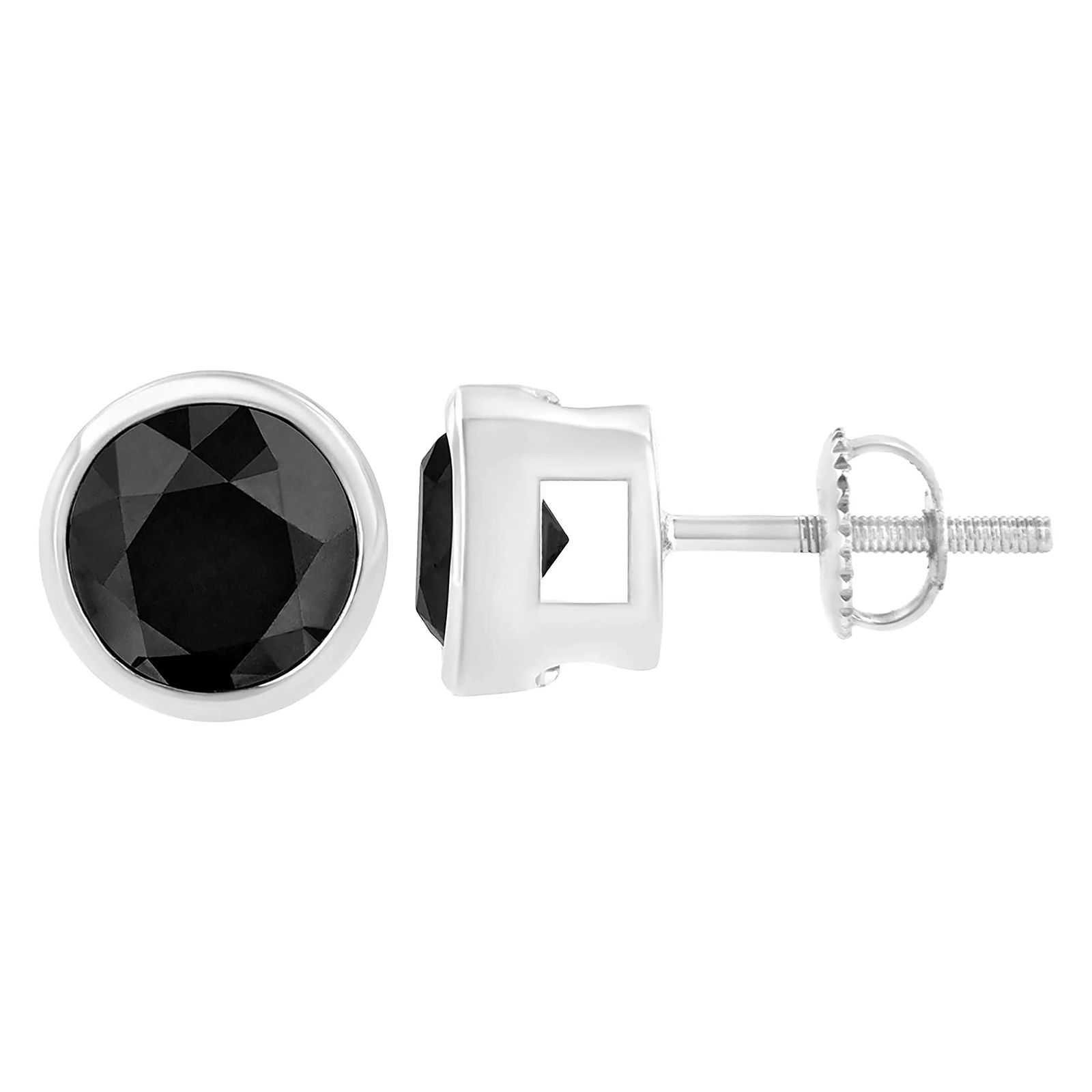 14K White Gold 1/2 Cttw Round Brilliant-Cut Black Diamond Bezel-Set Stud Earrings with Screw Backs - 3
