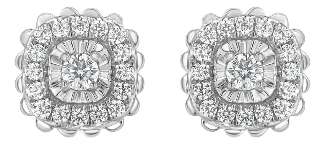 .925 Sterling Silver 1/2 Cttw Round-Cut Diamond Halo Cluster Stud Earring: Treat yourself to these glamorous silver stud earrings with a twist on a classic floral design. A single miracle set, round-cut diamond sits at the center of this piece, flanked by a halo of smaller