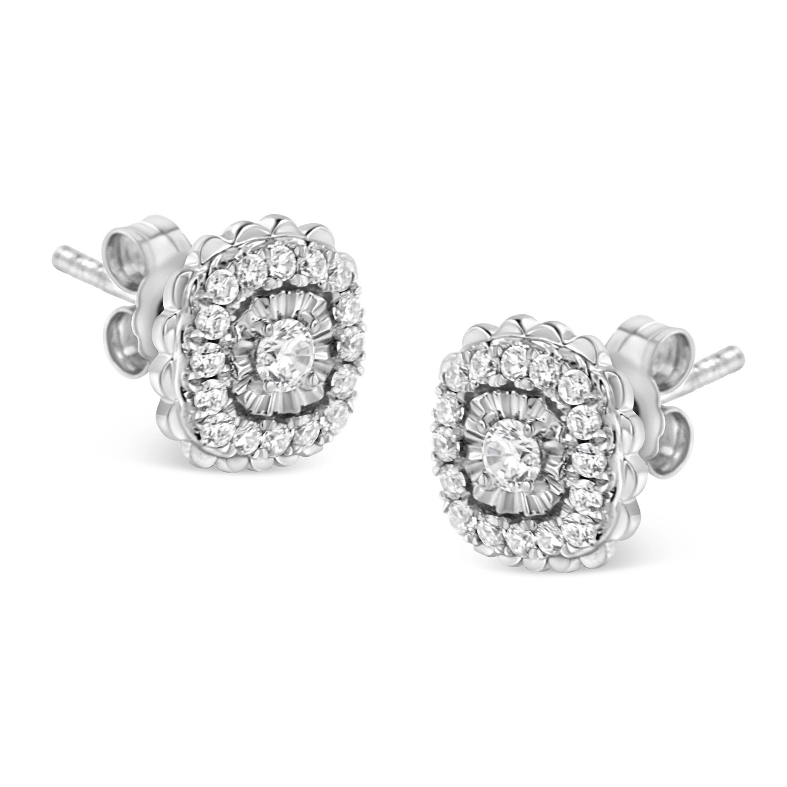.925 Sterling Silver 1/2 Cttw Round-Cut Diamond Halo Cluster Stud Earring - 3