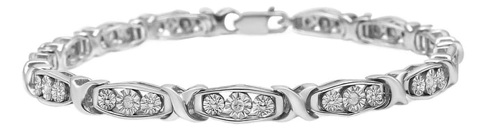 .925 Sterling Silver 1/10 Cttw Diamond Miracle Set 3 Stone Link Bracelet - 7.25" Inches