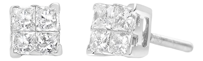 .925 Sterling Silver 5/8 Cttw Princess Cut Diamond Invisible Set Quad Composite Stud Earrings