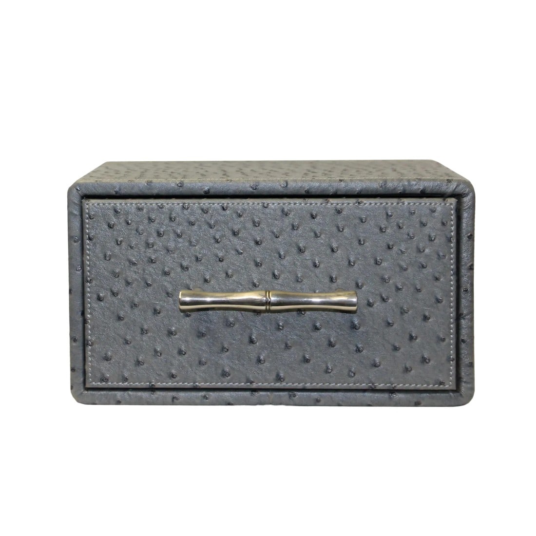 Oriental Handle Hardware Gray Rectangular Container Box Small: This is a decorative box in a rectangular shape and silver color handle hardware accent. The surface is a layer of vinyl cover in gray color. Dimensions: w8.75" x 5.25" h4.5" ( inside w6.75"x d3.75"x