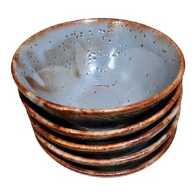 1970s Fabulous Five Blue Art Pottery Bowls Abstract Ceramic