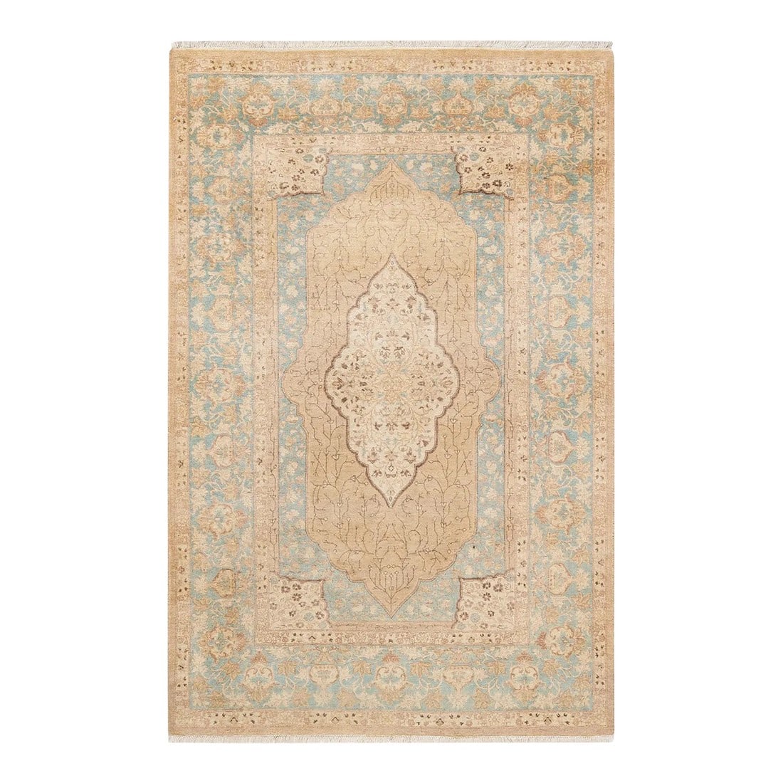 Mogul, One-of-a-Kind Hand-Knotted Area Rug - Yellow, 4' 1" x 6' 4": With understated palettes and allover designs, the rugs in the Mogul Collection will bring timeless sophistication to any room. Influenced by a spectrum of Turkish, Indian, and Persian designs, the