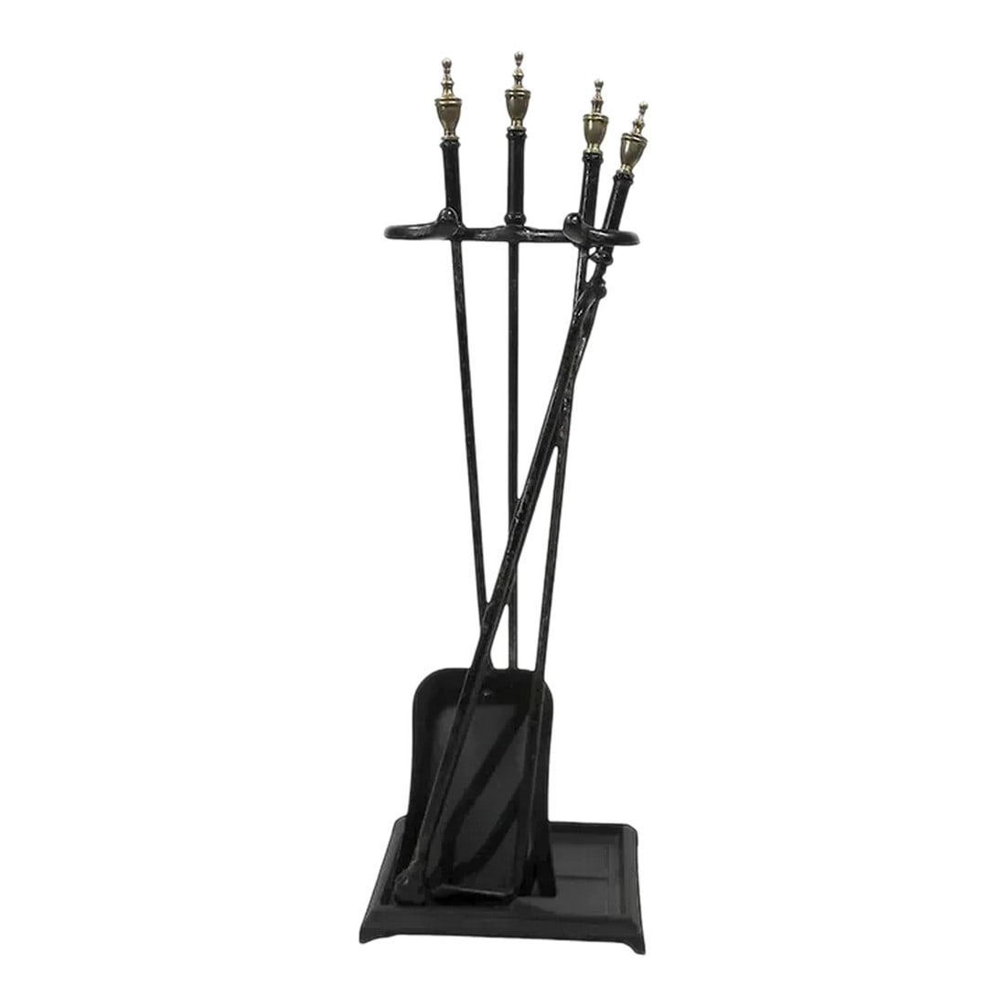 4 Pc. Vintage Brass and Iron Fireplace Tool Set: Vintage 4 piece fireplace tool set constructed of cast, and wrought iron, and cast brass. The set consists of a poker, shovel, tongs, and the stand. The set features solid brass urn form finials, whic
