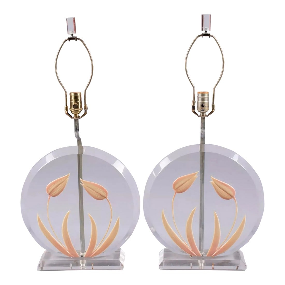 Mid-Century Modern Yellow Tulip Painted Lucite Lamps Circa 1975 - a Pair: Store Item: Mid Century Modern Yellow Tulip Painted Lucite Lamps, Lucite Lamps circa 1975 Description: PAIR OF MODERN ENAMELED LUCITE LAMPS in the manner of Lyon and Frost circa 1975, both with