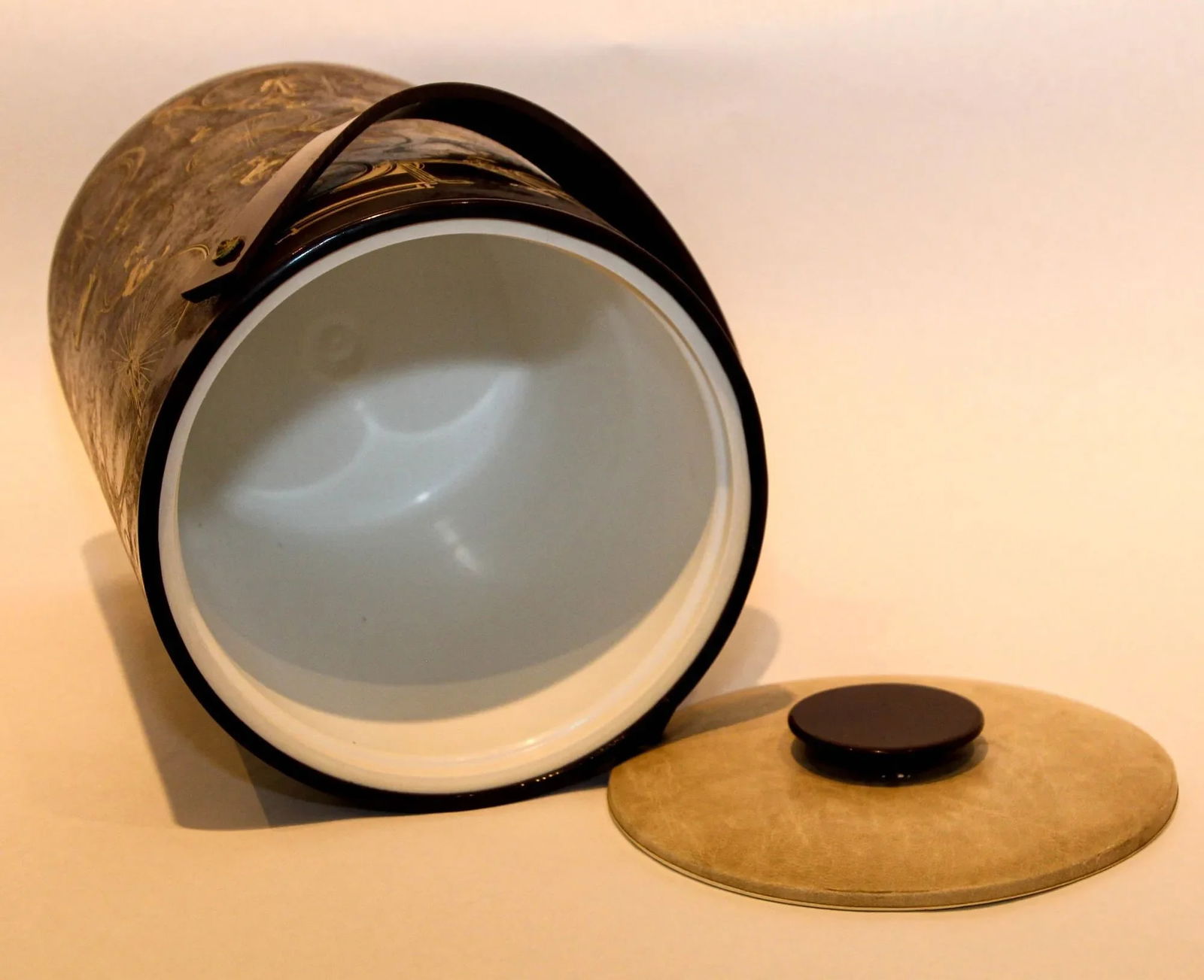 Georges Briard Signed Ice Bucket Brown Vinyl With Bicycle Design Vintage 1950s - 10