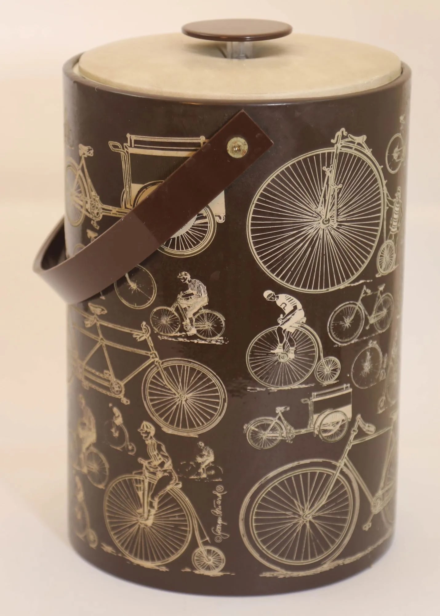Georges Briard Signed Ice Bucket Brown Vinyl With Bicycle Design Vintage 1950s - 11