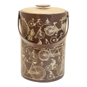 Georges Briard Signed Ice Bucket Brown Vinyl With Bicycle Design Vintage 1950s