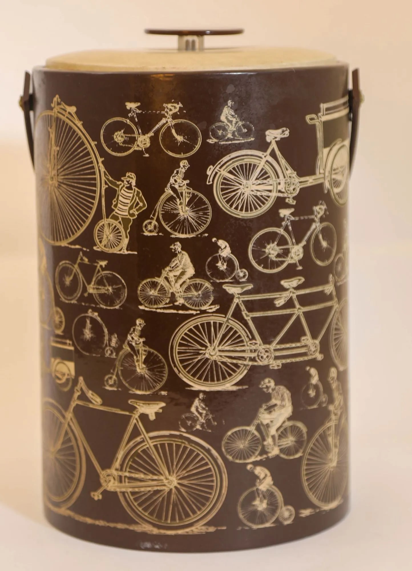 Georges Briard Signed Ice Bucket Brown Vinyl With Bicycle Design Vintage 1950s - 2