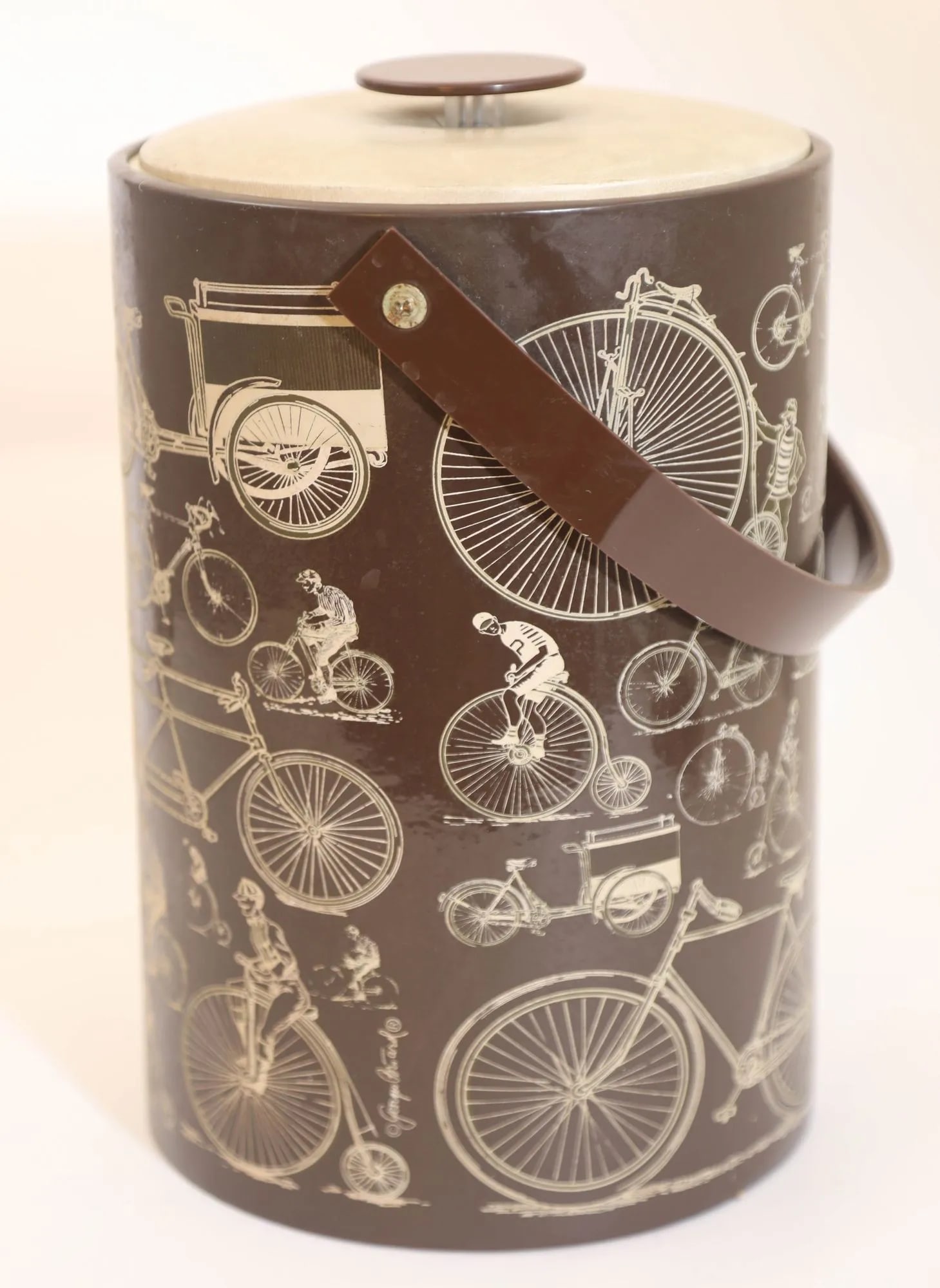 Georges Briard Signed Ice Bucket Brown Vinyl With Bicycle Design Vintage 1950s - 3
