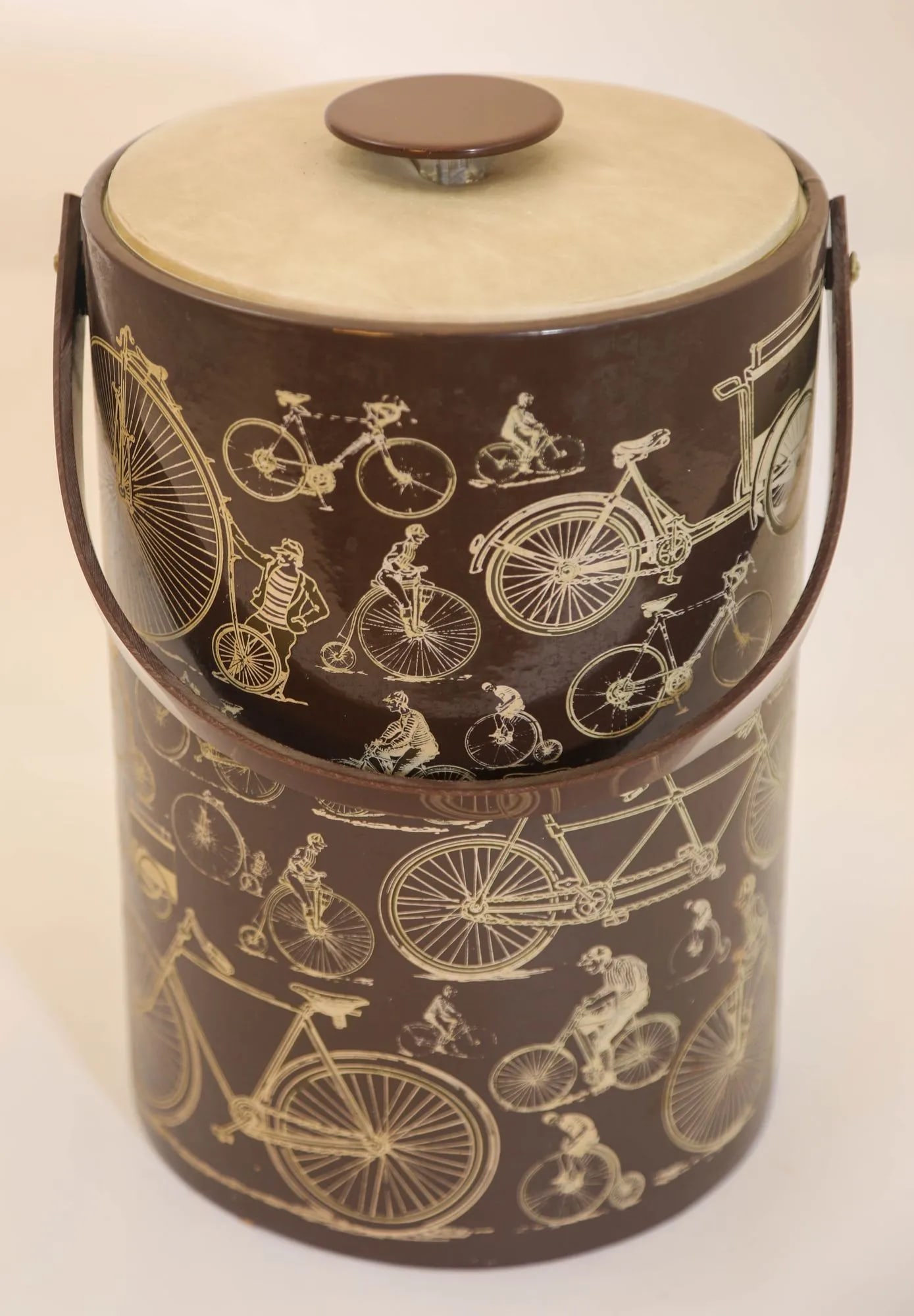 Georges Briard Signed Ice Bucket Brown Vinyl With Bicycle Design Vintage 1950s - 4