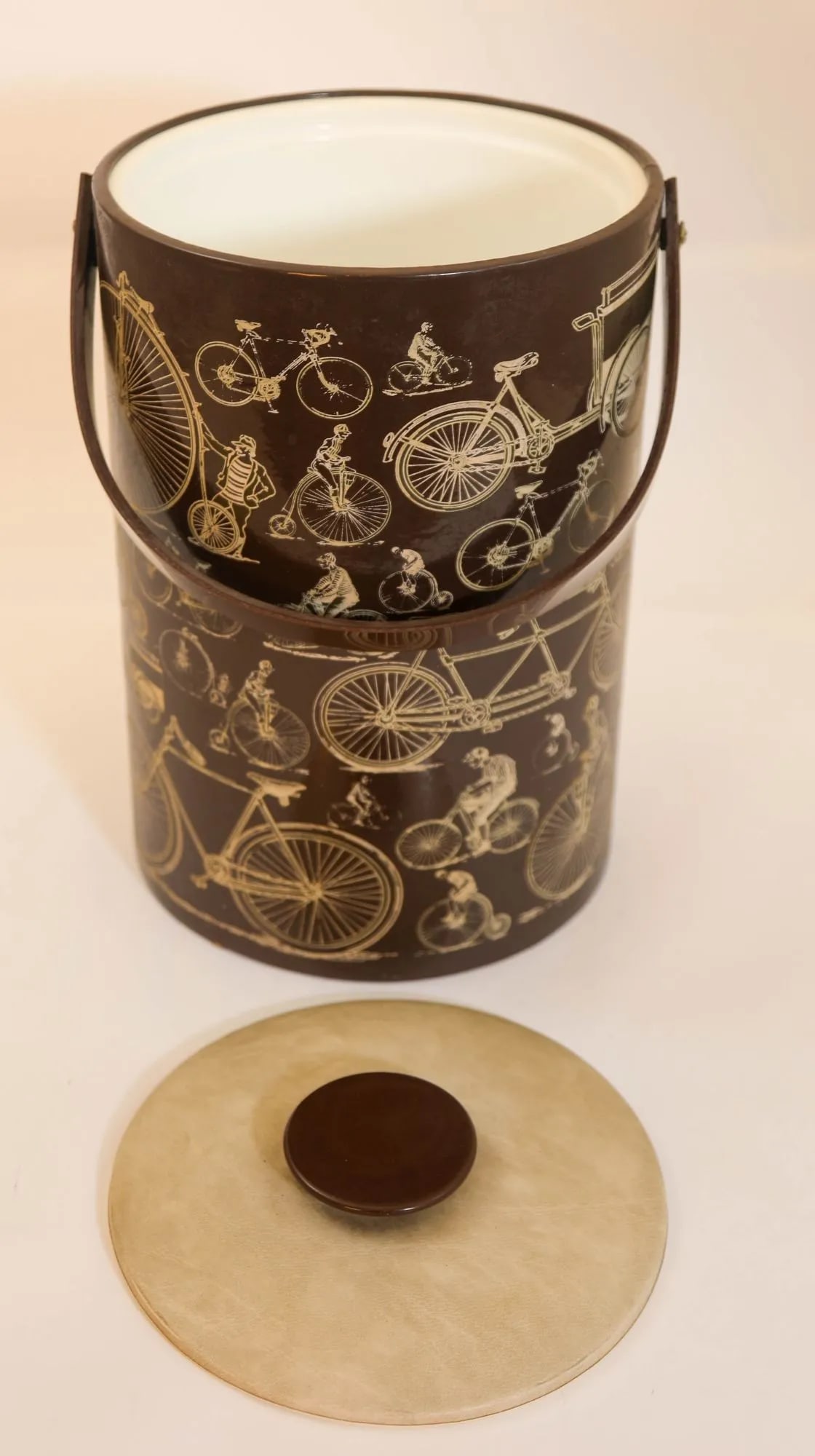 Georges Briard Signed Ice Bucket Brown Vinyl With Bicycle Design Vintage 1950s - 5