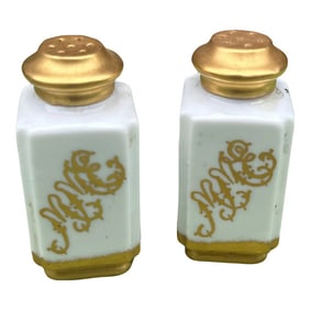 Pair of 1970s Ceramic Salt and Pepper Shakers With Gold Accents